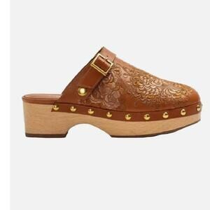 NEW Johnny Was Mono Clog Tonal Embroidered Leather Brown Wedge Womens 9.5